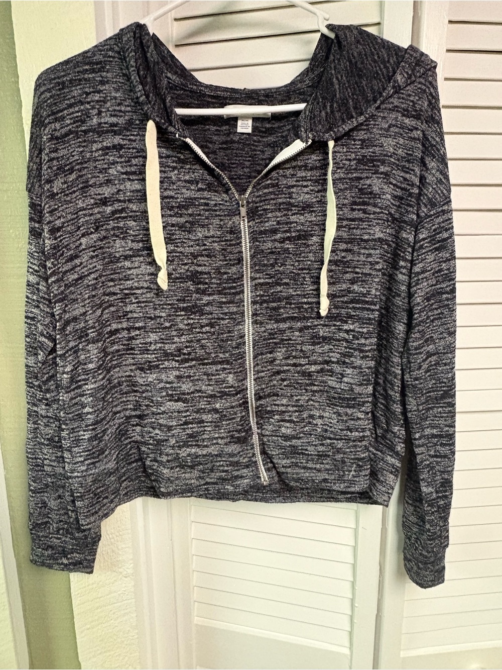American Eagle Outfitters Black Marled Zip Hoodie with Cream Drawstrings